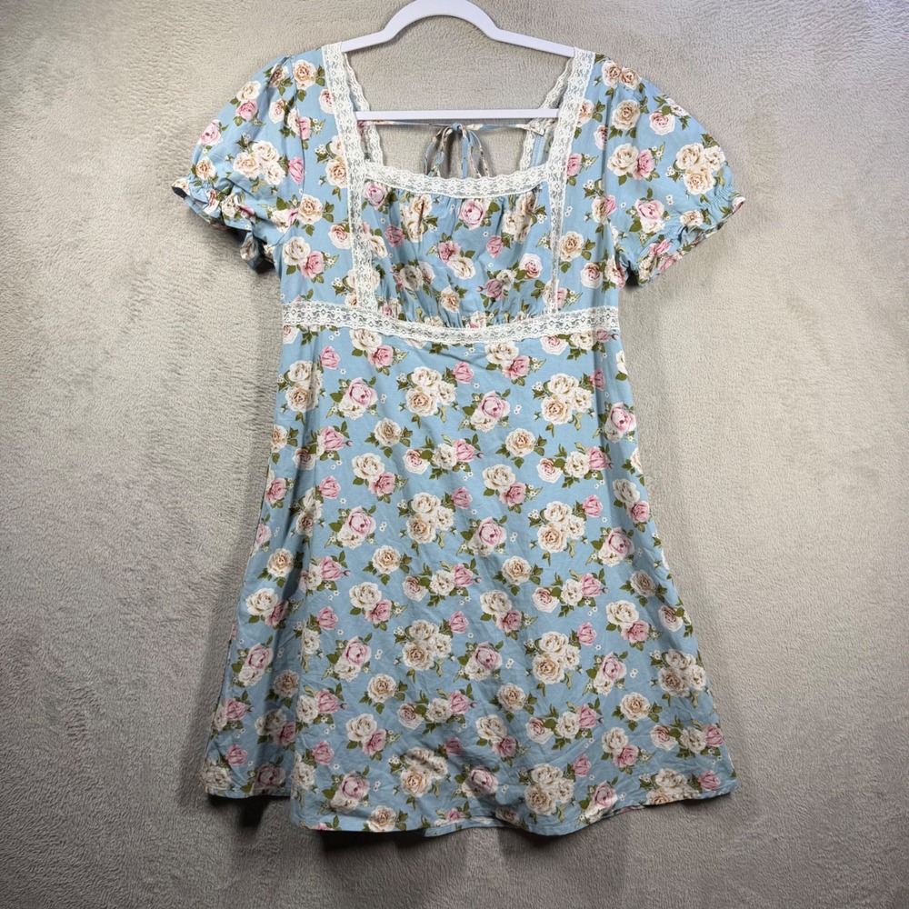 Celebrity Pink Milkmaid Dress Womens Medium Blue Floral Cottagecore Lace Mini